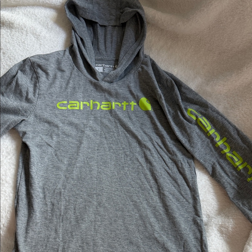 Youth Carhartt Heather Gray Hoodie with Lime Logo Sz 7